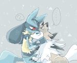  2018 ? abstract_background ambiguous_gender anthro canine cute digital_media_(artwork) duo feral fur hand_on_cheek hi_res lucario lycanroc mammal midday_lycanroc nintendo pok&eacute;mon pok&eacute;mon_(species) simple_background speech_bubble video_games ヒツジ 