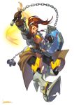  :d armor ball_and_chain boots breastplate brigitte_(overwatch) brown_eyes brown_gloves brown_hair clenched_hand commentary_request floating_hair freckles full_body gauntlets gloves highres holding holding_shield holding_weapon kotatsu_(g-rough) looking_at_viewer open_mouth overwatch ponytail shield signature simple_background smile solo waist_cape weapon white_background 