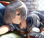  backlighting blue_eyes blue_skirt blush breasts collarbone commentary_request couch gloves hair_ornament hair_over_one_eye hairclip hamakaze_(kantai_collection) highres kantai_collection large_breasts lolicept looking_at_viewer lying neckerchief on_stomach pantyhose parted_lips pleated_skirt school_uniform serafuku shirt short_hair short_sleeves silver_hair skirt solo white_gloves white_shirt window yellow_neckwear 