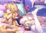  ahoge aqua_pillow armband armpit_crease ass azur_lane bangs bare_shoulders bed blonde_hair blurry blush bow braid breasts character_doll closed_mouth commentary_request curtains depth_of_field doll double_horizontal_stripe dress dunkerque_(azur_lane) eyebrows_visible_through_hair flower flower_pot frilled_dress frilled_legwear frills garter_straps green_eyes grey_hair hair_flaps hair_intakes hair_ornament hair_ribbon head_tilt heart heart_pillow horizontal_stripes indoors key large_breasts le_temeraire_(azur_lane) leg_up light_particles long_hair looking_at_viewer looking_back lying miniskirt no_shoes object_hug on_bed on_stomach pillow pink_bow purple_pillow red_eyes red_ribbon ribbon riichu rose shiny shiny_hair shiny_skin sideboob skirt solo sparkle strapless strapless_dress striped thighhighs tsurime twin_braids underbust very_long_hair white_bow white_dress white_legwear white_skirt yellow_bow zettai_ryouiki 