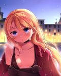  blonde_hair blue_eyes breasts building choker church cleavage_cutout commentary cross elina_lavrentieva gloves hair_between_eyes highres jacket jacket_removed long_hair looking_at_viewer medium_breasts neit_ni_sei night night_sky open_mouth original sky solo star_(sky) two_side_up upper_body 