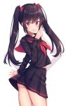  :p ass bangs black_hair black_serafuku black_shirt black_skirt blush bow closed_mouth commentary_request eyebrows_visible_through_hair hair_between_eyes hair_bow hand_up kawami_nami long_hair long_sleeves looking_at_viewer neckerchief original pleated_skirt red_bow red_eyes red_neckwear school_uniform serafuku shirt sidelocks skirt smile solo tongue tongue_out twintails very_long_hair white_background 