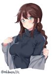  alternate_costume aqua_eyes blush braid breasts brown_hair ebifurya grey_jacket hair_between_eyes highres jacket kantai_collection large_breasts long_hair long_sleeves looking_at_viewer noshiro_(kantai_collection) open_clothes parasol simple_background solo sweater twitter_username umbrella white_background 