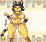  2018 :&lt; animal_crossing ankh ankha_(animal_crossing) anthro blue_hair breasts cat clothing digital_media_(artwork) egyptian feline female hair loincloth looking_at_viewer mammal nintendo shinsuke short_hair solo translucent transparent_clothing underwear video_games 