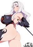  artist_name ass breasts covered_nipples elbow_gloves feet_out_of_frame gloves hairband highres huge_breasts idolmaster idolmaster_(classic) jabara_tornado kodachi leotard long_hair looking_at_viewer ninja parted_lips purple_eyes shijou_takane short_sword silver_hair smile solo sword thighhighs weapon white_background 