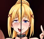  blonde_hair blue_eyes blush collar commentary darkness_(konosuba) english_commentary hair_ornament kono_subarashii_sekai_ni_shukufuku_wo! long_hair open_mouth ponytail rolling_eyes sereneandsilent spiked_collar spikes split_image sweat x_hair_ornament 