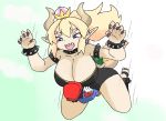  1girl :d bare_shoulders black_legwear black_leotard blonde_hair blush bowsette bracelet breasts brown_hair cleavage collar commentary_request crown gameplay_mechanics gloves hat horns huge_breasts jewelry latenight leotard mario mario_(series) new_super_mario_bros._u_deluxe open_mouth overalls pointy_ears ponytail purple_eyes red_hat sharp_teeth smile spiked_bracelet spiked_collar spiked_shell spikes stirrup_legwear super_crown super_smash_bros. teeth toeless_legwear white_gloves 