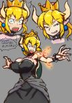  black_collar black_dress black_leotard blonde_hair blue_earrings borrowed_design bowsette bracelet breathing_fire collar commentary_request crown dress earrings fire highres histamine_c horns jewelry leotard mario_(series) new_super_mario_bros._u_deluxe pointy_ears sharp_teeth spiked_armlet spiked_bracelet spiked_collar spiked_shell spiked_tail spikes strapless strapless_dress super_crown super_mario_bros. tail teeth translation_request turtle_shell 
