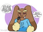  2018 anthro arnachy clothed clothing dialogue digital_media_(artwork) english_text female hi_res holding_object holding_phone lopunny nintendo phone pok&eacute;mon pok&eacute;mon_(species) shirt solo text video_games 