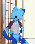  anthro balls blue_eyes blue_fur bottomless cat clothed clothing cub feline flaccid foreskin fur haziq(hazumazu) hazumazu humanoid_penis male mammal penis red_pupil shirt solo t-shirt uncut wet wet_clothes young 