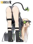  animal_ears ass bangs bent_over black_footwear black_jacket black_leotard blonde_hair blush boots bow cat_ear_headphones cat_ears cat_girl cat_tail character_name covered_mouth eyebrows_visible_through_hair from_behind girls_frontline green_bow green_eyes headphones highres jacket leotard long_hair long_sleeves looking_at_viewer looking_back mole_on_ass noria simple_background solo standing tail tail_bow tail_raised thigh_strap tmp_(girls_frontline) very_long_hair white_background 