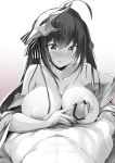  1girl ahoge azur_lane bangs bare_shoulders black_hair blush breasts censored collarbone commentary cum eyebrows_visible_through_hair greyscale hair_between_eyes hair_ornament hayami_yoichi heart heart-shaped_pupils hetero large_breasts long_hair monochrome nipplejob nipples paizuri parted_lips penis pov symbol-shaped_pupils taihou_(azur_lane) 