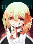  ascot black_background blonde_hair chromatic_aberration commentary_request eyebrows_visible_through_hair hair_ribbon highres index_finger_raised long_sleeves looking_at_viewer pink_eyes red_neckwear red_ribbon ribbon rumia sharp_teeth short_hair smile solo teeth touhou yashiro_ryo 