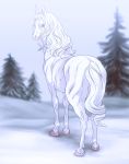  2017 ambiguous_gender blue_eyes butt equine feral fur hair hooves horse isaki looking_at_viewer looking_back mammal outside rear_view snow solo tree white_fur white_hair 
