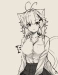  :3 animal_ear_fluff animal_ears antenna_hair bangs blush brown_background cat_ears cat_girl cat_tail closed_mouth collared_shirt commentary_request dress_shirt eyebrows_visible_through_hair hair_between_eyes hair_ornament head_tilt long_sleeves looking_at_viewer monochrome natsuki_teru nekomiya_ryuu original pleated_skirt school_uniform sepia shirt simple_background skirt solo tail tail_raised translation_request 