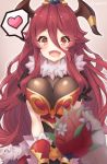  blush breasts commentary_request dragalia_lost dragon_horns drooling fangs food fruit fur_trim gloves heart horns large_breasts long_hair looking_at_viewer mym_(dragalia_lost) open_mouth red_eyes red_hair saliva solo spoken_heart twitter_username uruha_(yw1109) 