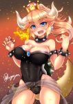  :d armlet ass_visible_through_thighs bare_shoulders black_leotard black_nails blonde_hair blue_eyes bowsette bracelet breasts breathing_fire claw_pose cleavage collar collarbone covered_navel crown earrings embers eyebrows eyebrows_visible_through_hair fire gradient gradient_background highres horns jewelry kuga_zankurou large_breasts leotard looking_at_viewer mario_(series) nail_polish new_super_mario_bros._u_deluxe open_mouth orange_background ponytail short_hair smile solo spiked_armlet spiked_bracelet spiked_collar spikes super_crown tail twitter_username 
