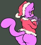  anthro bottomless butt christmas clothed clothing feline fluffyfrumples hat holidays looking_back male mammal santa_hat simple_background smile solo standing thick_thighs 