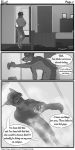  2017 alejandro anthro canine cellphone clothed clothing comic conditional_dnp dialogue digital_drawing_(artwork) digital_media_(artwork) doberman dog english_text full-length_portrait fur hair hi_res male mammal phone portrait shower simple_background text xenoforge 