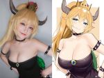  asian bare_shoulders bowsette bowsette_(cosplay) breasts cleavage cosplay crown dress fang hands_on_hips highres horns japanese_(nationality) large_breasts lipstick makeup mario_(series) new_super_mario_bros._u_deluxe nintendo photo ponytail shell sleeveless sleeveless_dress smile split_screen strapless strapless_dress super_crown 