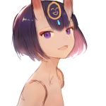  :d commentary_request eyebrows_visible_through_hair eyeshadow fang fate/grand_order fate_(series) from_side headpiece horns looking_at_viewer looking_to_the_side makeup nude oni oni_horns open_mouth purple_eyes purple_hair short_hair shuten_douji_(fate/grand_order) simple_background sketch smile smiley_face solo sookmo upper_body white_background 