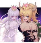  :p bare_shoulders black_dress blonde_hair blue_eyes blush bowsette bracelet breasts claw_pose collar commentary_request crown dress earrings ghost hair_between_eyes jewelry large_breasts long_hair looking_at_viewer luigi's_mansion mario_(series) multiple_girls new_super_mario_bros._u_deluxe open_mouth pink_eyes pointy_ears princess_king_boo puffy_sleeves sharp_teeth silver_hair spiked_armlet spiked_bracelet spiked_collar spikes standing standing_on_one_leg super_crown teeth thigh_gap tongue tongue_out wanke white_dress 