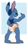  2015 aliasing alien anthro back_markings black_eyes blue_claws blue_fur blue_nose claws diaper disney experiment_(species) fur half-closed_eyes head_tuft hi_res lilo_and_stitch looking_at_viewer looking_back male markings notched_ear rear_view signature simple_background small_tail solo standing stitch thumbs_up tonio_(artist) 