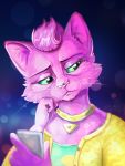  blaze-tfd bojack_horseman cat cellphone feline female fur green_eyes jewelry mammal necklace phone pink_fur princess_carolyn solo 