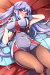  armpits azur_lane bangs between_breasts black_legwear black_ribbon blue_cloak blue_dress blue_gloves blue_hair blush braid breasts character_name commentary_request dress essex_(azur_lane) eyebrows_visible_through_hair eyelashes french_braid full-face_blush gloves hair_ribbon hair_spread_out hands_up highres long_hair looking_at_viewer lying medium_breasts necktie necktie_between_breasts on_back panties panties_under_pantyhose pantyhose pantyshot pantyshot_(lying) parted_lips partly_fingerless_gloves red_neckwear ribbon sayossa_(pak-front) short_dress signature sleeveless sleeveless_dress solo twintails underbust underwear yellow_eyes 