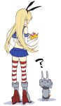  :3 ? blonde_hair crossover elbow_gloves from_behind full_body gloves high_heels highres kantai_collection long_hair magai_akashi mario_(series) microskirt new_super_mario_bros._u_deluxe rensouhou-chan shimakaze_(kantai_collection) simple_background skirt standing striped striped_legwear super_crown thighhighs white_background white_gloves 