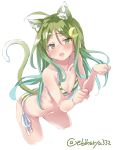  ahoge animal_ears artist_name bikini blush cat_ears cat_tail cowboy_shot crescent crescent_hair_ornament cropped_legs ebifurya eyebrows_visible_through_hair fang flat_chest green_eyes green_hair hair_between_eyes hair_ornament highres kantai_collection kemonomimi_mode leaning_forward long_hair long_sleeves nagatsuki_(kantai_collection) open_mouth paw_pose side-tie_bikini sidelocks simple_background solo striped striped_bikini swimsuit tail twitter_username white_background 