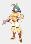  ahoge animal_ears armor black_legwear blue_eyes blue_hair boots breasts brown_gloves closed_mouth copyright_request eyebrows_visible_through_hair full_body gauntlets gloves grey_background gun gundam gundam_build_divers hair_between_eyes hand_on_hip highres holding holding_gun holding_weapon large_breasts leotard looking_at_viewer nami_(gundam_build_divers) nanase_nanami_(gundam_build_divers) short_hair simple_background smile solo thighhighs weapon yuuji_(and) 