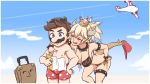  1girl aea aircraft airplane arm_on_shoulder bikini black_collar blonde_hair blue_eyes bowsette bracelet breasts brown_hair chest cloud collar commentary couple english_commentary facial_hair hat hetero highres horns jewelry large_breasts lenny_face luggage male_swimwear map mario mario_(series) mustache new_super_mario_bros._u_deluxe pointing polka_dot princess red_eyes sharp_teeth shirtless sky smile spiked_armlet spiked_bracelet spiked_collar spiked_shell spiked_tail spiked_thighlet spikes super_crown super_mario_sunshine swim_trunks swimsuit swimwear tail teeth thighlet turtle_shell 