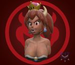  2018 3d_(artwork) big_breasts blonde_hair blue_eyes bowser breasts bust_portrait clothing digital_media_(artwork) dress ear_piercing female hair horn horned_humanoid humanoid mario_bros nintendo not_furry piercing portrait red_background simple_background solo sorok17 super_crown tongue tongue_out video_games 