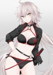  ahoge belt bikini black_bikini black_choker black_gloves breasts choker closed_mouth commentary_request contrapposto cowboy_shot eyebrows_visible_through_hair fate/grand_order fate_(series) gloves grey_background hand_on_hip ica jeanne_d'arc_(alter_swimsuit_berserker) jeanne_d'arc_(fate)_(all) katana light_blush light_smile long_hair long_sleeves looking_at_viewer medium_breasts navel o-ring pale_skin silver_hair simple_background solo standing swimsuit sword twitter_username very_long_hair weapon yellow_eyes 