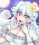  artist_name aura bad_id bad_pixiv_id bangs blush boo breasts choker cleavage commentary_request covering_face crown dress eyebrows_visible_through_hair finger_to_mouth floating flying_sweatdrops frilled_dress frilled_gloves frills full_moon gloves hair_between_eyes highres long_hair luigi's_mansion mario_(series) medium_breasts moon new_super_mario_bros._u_deluxe night night_sky nose_blush open_mouth pink_earrings pink_eyes princess_king_boo puffy_short_sleeves puffy_sleeves purple_pupils purple_sky sharp_teeth shiny shiny_skin short_sleeves sidelocks sky slit_pupils smile super_crown taut_clothes taut_dress teeth tongue tongue_out very_long_hair vinetsu white_choker white_dress white_gloves 
