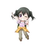  arm_up backpack bag bangs black_hair blush boots brown_footwear brown_pants chibi clothes_around_waist collarbone eyebrows_visible_through_hair grin hair_between_eyes hand_up highres jacket jacket_around_waist kuena kuraue_hinata long_hair looking_at_viewer one_eye_closed pants purple_eyes shirt short_sleeves sidelocks simple_background smile solo striped striped_shirt twintails w white_background wide_sleeves yama_no_susume yellow_jacket 