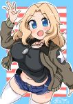  :d absurdres artist_name black_shirt blonde_hair blue_eyes blue_shorts bouncing_breasts breasts brown_jacket commentary cowboy_shot cutoffs dated denim denim_shorts dog_tags emblem eyebrows_visible_through_hair fanta_(the_banana_pistols) girls_und_panzer hair_intakes highres jacket kay_(girls_und_panzer) long_hair long_sleeves looking_at_viewer medium_breasts midriff military military_uniform navel open_mouth saunders_military_uniform shirt short_shorts shorts signature skindentation smile solo standing star striped striped_background thighhighs uniform waving white_legwear 