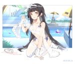  alternate_costume bangs bikini black_hair blue_sky blush bottle breasts bridal_gauntlets bxr cleavage cloud dated day eyebrows_visible_through_hair flower girls_frontline gloves hair_flower hair_ornament hairband halter_top halterneck kneeling large_breasts leaning_forward long_hair looking_at_viewer navel open_mouth outdoors outside_border poolside qbz-95_(girls_frontline) sandals shawl side-tie_bikini sidelocks sky smile solo spill stomach swimsuit thighhighs umbrella very_long_hair water white_bikini white_footwear white_gloves white_hairband white_legwear yellow_eyes 