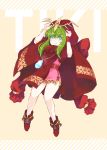  bracelet character_name chiki cloak closed_mouth commentary_request dress fire_emblem fire_emblem:_monshou_no_nazo fire_emblem_heroes full_body green_eyes green_hair highres hood hood_up jewelry mamkute pink_dress protected_link qumaoto short_dress smile solo stone tiara wristband 
