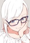  black-framed_eyewear blue_eyes blush chin_rest closed_mouth commentary_request eyebrows_visible_through_hair glasses grey_background hand_up hi_iro long_hair long_sleeves looking_at_viewer original portrait simple_background smile solo sweater unfinished white_hair 