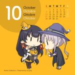  :&gt; ahoge aka_ringo akitsushima_(kantai_collection) black_cape black_hair calendar_(medium) candy cape chibi english food french full_body german grey_hair hair_tubes halloween hat italian jack-o'-lantern kantai_collection long_hair low-tied_long_hair mizuho_(kantai_collection) multiple_girls october side_ponytail sidelocks solid_oval_eyes standing very_long_hair witch_hat 