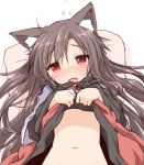  animal_ears blush brown_hair commentary_request dress dress_lift fangs flat_chest flying_sweatdrops imaizumi_kagerou lifted_by_self long_hair long_sleeves looking_at_viewer natsu_no_koucha navel open_mouth red_eyes sketch solo touhou wolf_ears 