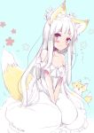  animal animal_ear_fluff animal_ears bangs bare_shoulders between_legs blue_background blush braid closed_mouth dress eyebrows_visible_through_hair fox fox_ears fox_girl fox_tail hair_rings hand_between_legs highres long_hair looking_at_viewer mitoko_(kuma) off-shoulder_dress off_shoulder original red_eyes short_eyebrows silver_hair smile solo tail tail_raised thick_eyebrows twitter_username v_arms very_long_hair white_dress 
