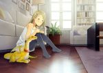  black_legwear blue_eyes blush book bookshelf brown_hair closed_mouth collar couch day dragon hair_ornament hairclip indoors lamp looking_at_viewer no_shoes on_floor original pantyhose plant potted_plant sitting solo table window yoshida_seiji 