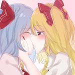  ^_^ ascot bangs blonde_hair blue_hair blush brooch closed_eyes commentary_request dress eringi_(rmrafrn) eyebrows_visible_through_hair facing_another flandre_scarlet gradient gradient_background hair_ribbon incest jewelry kiss lips long_hair looking_at_another multiple_girls nail_polish no_hat no_headwear one_side_up pink_background pink_dress puffy_short_sleeves puffy_sleeves red_eyes red_nails red_neckwear red_ribbon red_vest remilia_scarlet ribbon shirt short_hair short_sleeves touhou upper_body vest white_background white_shirt yellow_neckwear yuri 