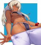  :q bare_shoulders bikini black_bikini blonde_hair bracelet breasts brown_eyes cameltoe closed_mouth commentary_request contrapposto cowboy_shot dark_skin earrings foreshortening from_below grey_hair hai_ookami hair_between_eyes highres jewelry long_hair looking_at_viewer looking_down medium_breasts nail_polish navel original outside_border pants_pull pantyhose pantyhose_pull ponytail pulled_by_self red_nails revision simple_background solo stud_earrings swimsuit thighs tongue tongue_out underboob yellow_eyes 