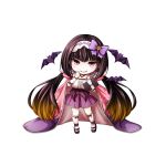  animal bangs bat blush bow breasts brown_footwear brown_hair center_frills chibi cloak detached_sleeves drawing_tablet eyebrows_visible_through_hair fate/grand_order fate_(series) frilled_sleeves frills gradient gradient_clothes gradient_hair grin hair_between_eyes hair_bow hair_ornament hairband hand_up highres hood hood_down hooded_cloak kneehighs kuena large_breasts long_hair long_sleeves low_twintails multicolored_hair origami osakabe-hime_(fate/grand_order) pink_cloak pleated_skirt purple_bow purple_cloak purple_skirt red_eyes shirt simple_background skirt sleeves_past_wrists smile solo standing tablet twintails very_long_hair white_background white_hairband white_legwear white_shirt 