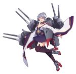 1girl bare_shoulders cannon full_body furutaka_(cruiser) grey_hair hair_bun hair_ornament hairclip high-waist_skirt high_heels machinery mecha_musume open_mouth original personification pleated_skirt red_eyes rudder_footwear simple_background skirt smokestack solo thighhighs torpedo_launcher torpedo_tubes turret white_background wide_sleeves youxuemingdie 