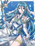  aiueo1234853 aqua_(fire_emblem_if) blue_background blue_hair commentary_request dress elbow_gloves fingerless_gloves fire_emblem fire_emblem_heroes fire_emblem_if gloves hair_between_eyes holding holding_spear holding_weapon jewelry long_hair necklace open_mouth polearm simple_background solo spear veil weapon white_dress yellow_eyes 